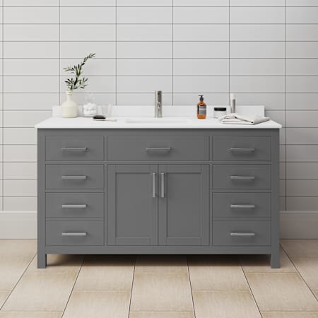 Wyndham Collection Beckett 60" Free Standing Single Basin Vanity Set with Wood Cabinet and Cultured Marble Vanity Top Dark Gray / White Cultured Marble Top / Brushed Nickel Hardware