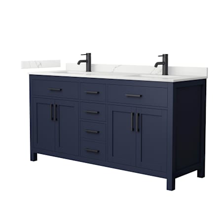 Wyndham Collection Beckett 66" Free Standing Double Basin Vanity Set with Cabinet and Quartz Vanity Top for Single Hole Faucets Dark Blue / Giotto Quartz Top / Matte Black Hardware