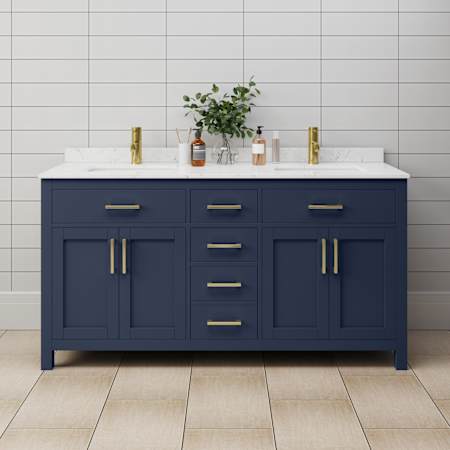 Wyndham Collection Beckett 66" Free Standing Double Basin Vanity Set with Cabinet and Cultured Marble Vanity Top Dark Blue / Carrara Cultured Marble Top / Brushed Gold Hardware