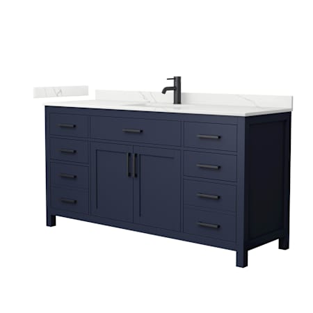 Wyndham Collection Beckett 66" Free Standing Single Basin Vanity Set with Cabinet and Quartz Vanity Top for Single Hole Faucets Dark Blue / Giotto Quartz Top / Matte Black Hardware