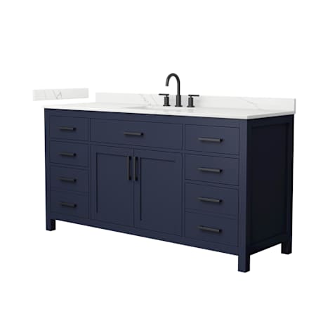 Wyndham Collection Beckett 66" Free Standing Single Basin Vanity Set with Cabinet and Quartz Vanity Top for Widespread Faucets Dark Blue / Giotto Quartz Top / Matte Black Hardware