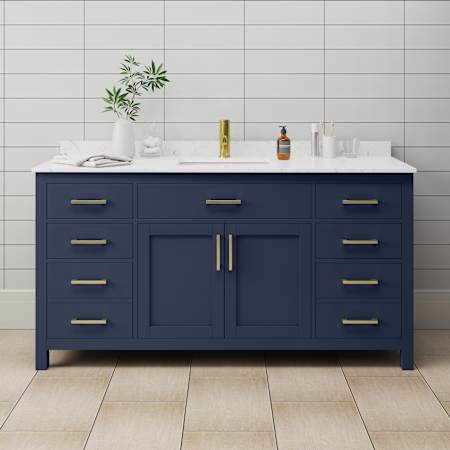 Wyndham Collection Beckett 66" Free Standing Single Basin Vanity Set with Cabinet and Cultured Marble Vanity Top Dark Blue / Carrara Cultured Marble Top / Brushed Gold Hardware