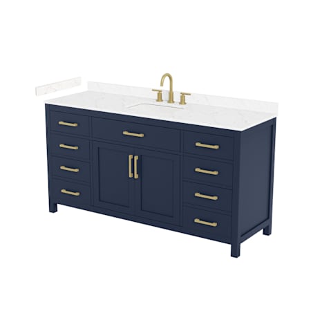 Wyndham Collection Beckett 66" Free Standing Single Basin Vanity Set with Cabinet and Cultured Marble Vanity Top for Widespread Faucets Dark Blue / Carrara Cultured Marble Top / Brushed Gold Hardware
