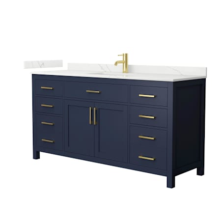 Wyndham Collection Beckett 66" Free Standing Single Basin Vanity Set with Cabinet and Quartz Vanity Top Dark Blue / Giotto Quartz Top / Brushed Gold Hardware