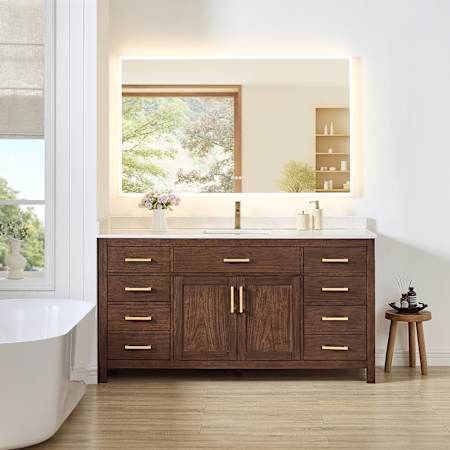 Wyndham Collection Beckett 66" Free Standing Single Basin Vanity Set with Cabinet and Cultured Marble Vanity Top for Single Hole Faucets Dark Walnut / Carrara Cultured Marble Top / Brushed Gold Hardware