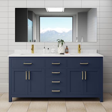 Wyndham Collection Beckett 72" Free Standing Double Basin Vanity Set with Cabinet and Cultured Marble Vanity Top Dark Blue / Carrara Cultured Marble Top / Brushed Gold Hardware
