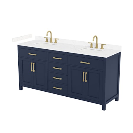 Wyndham Collection Beckett 72" Free Standing Double Basin Vanity Set with Cabinet and Cultured Marble Vanity Top for Widespread Faucets Dark Blue / Carrara Cultured Marble Top / Brushed Gold Hardware