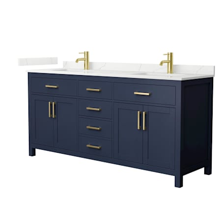 Wyndham Collection Beckett 72" Free Standing Double Basin Vanity Set with Cabinet and Quartz Vanity Top Dark Blue / Giotto Quartz Top / Brushed Gold Hardware