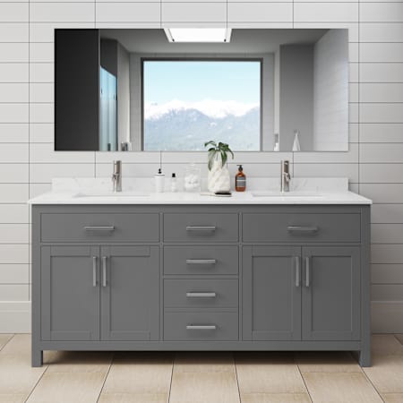 Wyndham Collection Beckett 72" Free Standing Double Basin Vanity Set with Wood Cabinet and Cultured Marble Vanity Top Dark Gray / Carrara Cultured Marble Top / Brushed Nickel Hardware