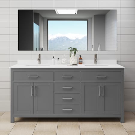 Wyndham Collection Beckett 72" Free Standing Double Basin Vanity Set with Wood Cabinet and Cultured Marble Vanity Top Dark Gray / White Cultured Marble Top / Brushed Nickel Hardware