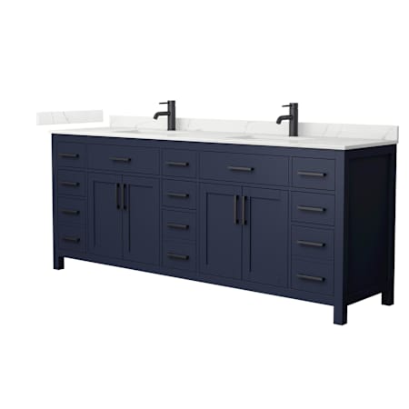 Wyndham Collection Beckett 84" Free Standing Double Basin Vanity Set with Cabinet and Quartz Vanity Top for Single Hole Faucets Dark Blue / Giotto Quartz Top / Matte Black Hardware