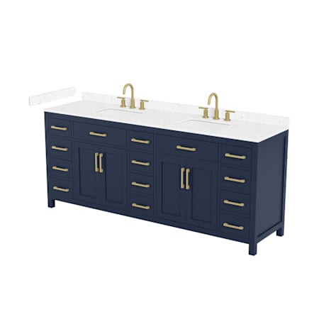 Wyndham Collection Beckett 84" Free Standing Double Basin Vanity Set with Cabinet and Cultured Marble Vanity Top for Widespread Faucets Dark Blue / Carrara Cultured Marble Top / Brushed Gold Hardware