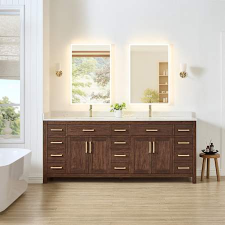 Wyndham Collection Beckett 84" Free Standing Double Basin Vanity Set with Cabinet and Cultured Marble Vanity Top for Single Hole Faucets Dark Walnut / Carrara Cultured Marble Top / Brushed Gold Hardware