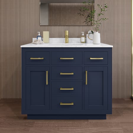 Wyndham Collection Beckett TK 42" Free Standing Single Basin Vanity Set with Cabinet and Cultured Marble Vanity Top Dark Blue / Carrara Cultured Marble Top / Brushed Gold Hardware