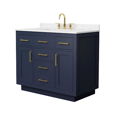 Wyndham Collection Beckett TK 42" Free Standing Single Basin Vanity Set with Cabinet and Cultured Marble Vanity Top for Widespread Faucets Dark Blue / Carrara Cultured Marble Top / Brushed Gold Hardware
