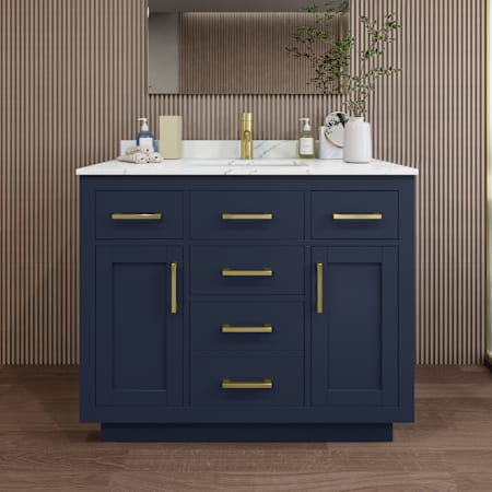 Wyndham Collection Beckett TK 42" Free Standing Single Basin Vanity Set with Cabinet and Quartz Vanity Top Dark Blue / Giotto Quartz Top / Brushed Gold Hardware