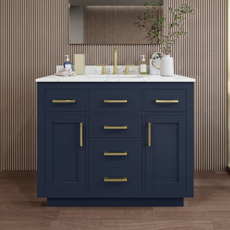 Wyndham Collection Beckett TK 42" Free Standing Single Basin Vanity Set with Cabinet and Quartz Vanity Top Dark Blue / Giotto Quartz Top / Brushed Gold Hardware