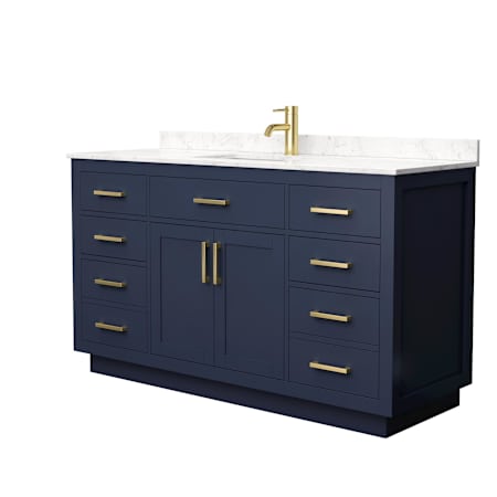 Wyndham Collection Beckett TK 60" Free Standing Single Basin Vanity Set with Cabinet and Cultured Marble Vanity Top Dark Blue / Carrara Cultured Marble Top / Brushed Gold Hardware