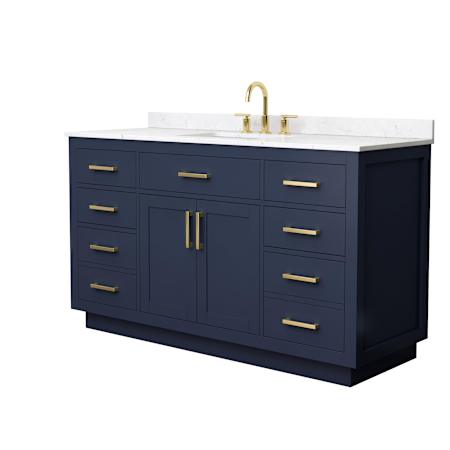 Wyndham Collection Beckett TK 60" Free Standing Single Basin Vanity Set with Cabinet and Cultured Marble Vanity Top for Widespread Faucets Dark Blue / Carrara Cultured Marble Top / Brushed Gold Hardware