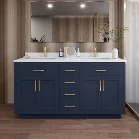 Wyndham Collection Beckett TK 66" Free Standing Double Basin Vanity Set with Cabinet and Cultured Marble Vanity Top Dark Blue / Carrara Cultured Marble Top / Brushed Gold Hardware
