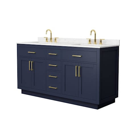 Wyndham Collection Beckett TK 66" Free Standing Double Basin Vanity Set with Cabinet and Cultured Marble Vanity Top for Widespread Faucets Dark Blue / Carrara Cultured Marble Top / Brushed Gold Hardware