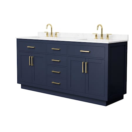 Wyndham Collection Beckett TK 72" Free Standing Double Basin Vanity Set with Cabinet and Cultured Marble Vanity Top for Widespread Faucets Dark Blue / Carrara Cultured Marble Top / Brushed Gold Hardware