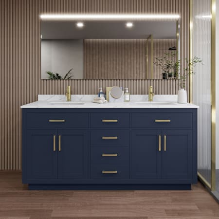 Wyndham Collection Beckett TK 72" Free Standing Double Basin Vanity Set with Cabinet and Quartz Vanity Top Dark Blue / Giotto Quartz Top / Brushed Gold Hardware