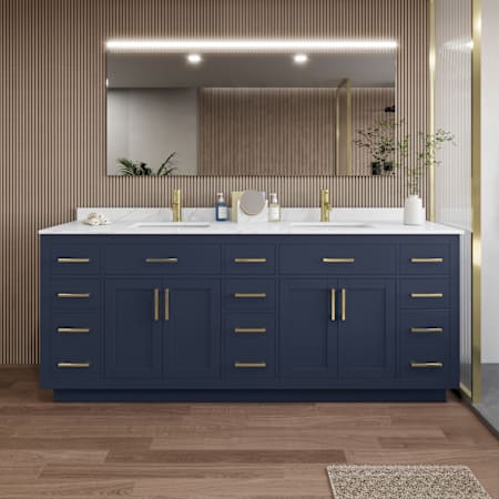 Wyndham Collection Beckett TK 84" Free Standing Double Basin Vanity Set with Cabinet and Quartz Vanity Top Dark Blue / Giotto Quartz Top / Brushed Gold Hardware