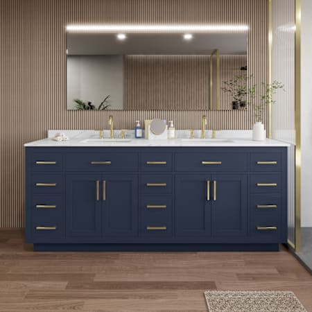 Wyndham Collection Beckett TK 84" Free Standing Double Basin Vanity Set with Cabinet and Quartz Vanity Top Dark Blue / Giotto Quartz Top / Brushed Gold Hardware