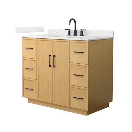 Wyndham Collection Elan TK 42" Free Standing Single Basin Vanity Set with Cabinet and Quartz Vanity Top Light Oak / Giotto Quartz Top / Matte Black Hardware