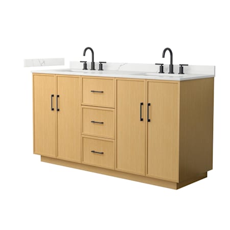 Wyndham Collection Elan TK 66" Free Standing Double Basin Vanity Set with Cabinet and Quartz Vanity Top Light Oak / Giotto Quartz Top / Matte Black Hardware