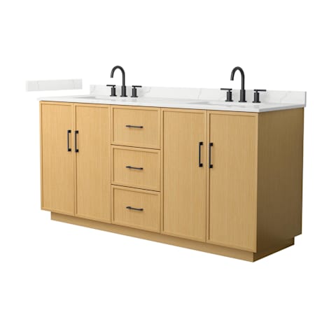 Wyndham Collection Elan TK 72" Free Standing Double Basin Vanity Set with Cabinet and Quartz Vanity Top Light Oak / Giotto Quartz Top / Matte Black Hardware