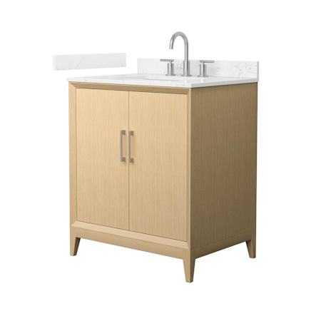 Wyndham Collection Janna 30" Free Standing Single Basin Vanity Set with Cabinet and Cultured Marble Vanity Top for Widespread Faucets White Oak / Carrara Cultured Marble Top / Brushed Nickel Hardware