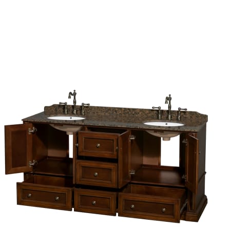 Open Vanity View with Baltic Brown Granite Top and Undermount Sinks