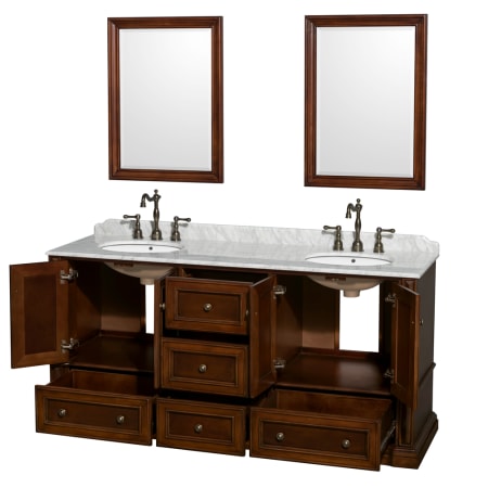 Open Vanity View with White Carrera Marble Top, Undermount Sinks, and 24" Mirrors