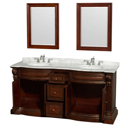 Open Vanity View with White Carrera Top and Mirrors