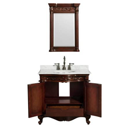 Open Front Vanity View with White Carrera Top and Mirror