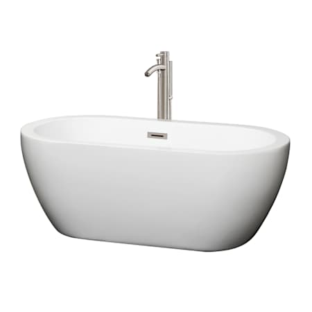 Wyndham Collection Soho 60" Free Standing Acrylic Soaking Tub with Center Drain, Drain Assembly, and Overflow - Includes Floor Mounted Tub Filler with Hand Shower White / Brushed Nickel Trim