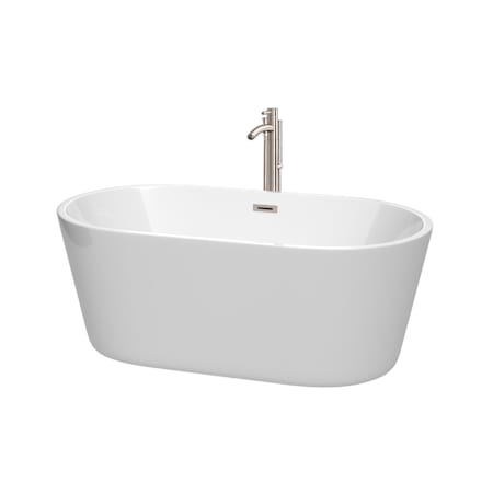 Wyndham Collection Carissa 60" Free Standing Acrylic Soaking Tub with Center Drain, Drain Assembly, and Overflow - Includes Floor Mounted Tub Filler with Hand Shower White / Brushed Nickel Trim