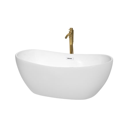 Wyndham Collection Rebecca 60" Freestanding Acrylic Soaking Tub with Center Drain, Drain Assembly, and Overflow - Includes Tub Filler with Personal Handshower White / Shiny White Trim / Brushed Gold Faucet