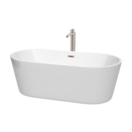 Wyndham Collection Carissa CD 67" Free Standing Acrylic Soaking Tub with Center Drain, Drain Assembly, and Overflow - Includes Floor Mounted Tub Filler with Hand Shower White / Brushed Nickel Trim
