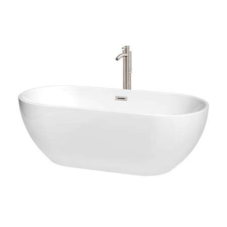 Wyndham Collection Brooklyn 67" Free Standing Acrylic Soaking Tub with Center Drain, Drain Assembly, and Overflow - Includes Floor Mounted Tub Filler with Hand Shower White / Brushed Nickel Trim