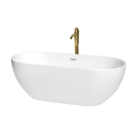 Wyndham Collection Brooklyn 67" Free Standing Acrylic Soaking Tub with Center Drain, Drain Assembly, and Overflow - Includes Floor Mounted Tub Filler with Hand Shower White / Shiny White Trim / Brushed Gold Faucet