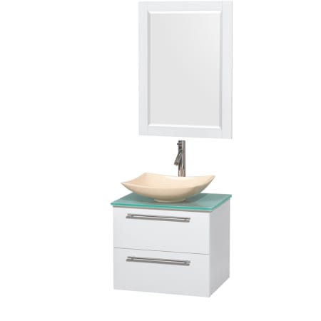 Glossy White Vanity with Green Glass Top and Arista Ivory Marble Sink