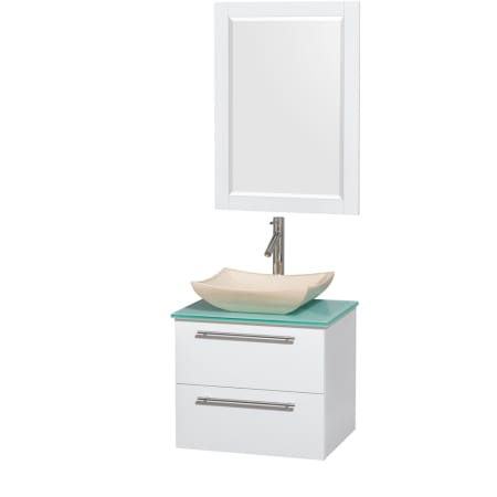 Glossy White Vanity with Green Glass Top and Avalon Ivory Marble Sink