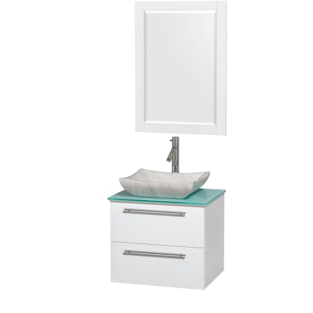 Glossy White Vanity with Green Glass Top and Avalon White Carrera Marble Sink