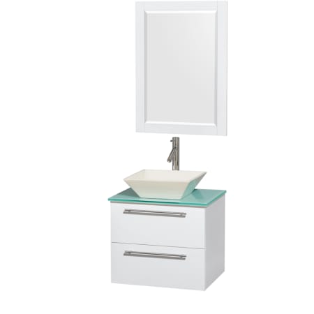 Glossy White Vanity with Green Glass Top and Bone Porcelain Sink