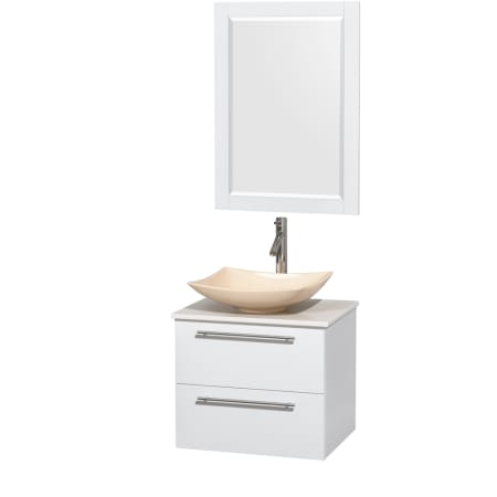 Glossy White Vanity with White Stone Top and Arista Ivory Marble Sink