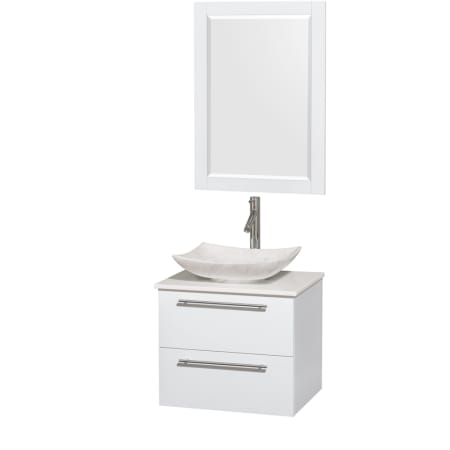 Glossy White Vanity with White Stone Top and Arista White Carrera Marble Sink