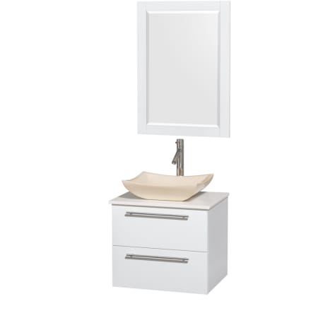 Glossy White Vanity with White Stone Top and Avalon Ivory Marble Sink